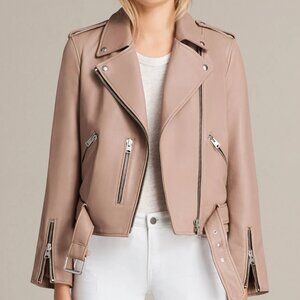 ALLSAINTS Balfern Women's Leather Biker Jacket in Blush SIZE 2